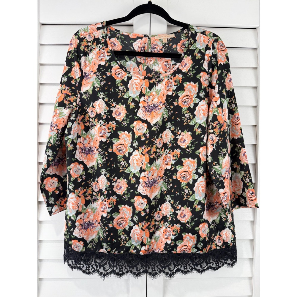 Skies Are Blue Floral Lace Trim Blouse Black Orange Rose 3/4 Sleeve XL